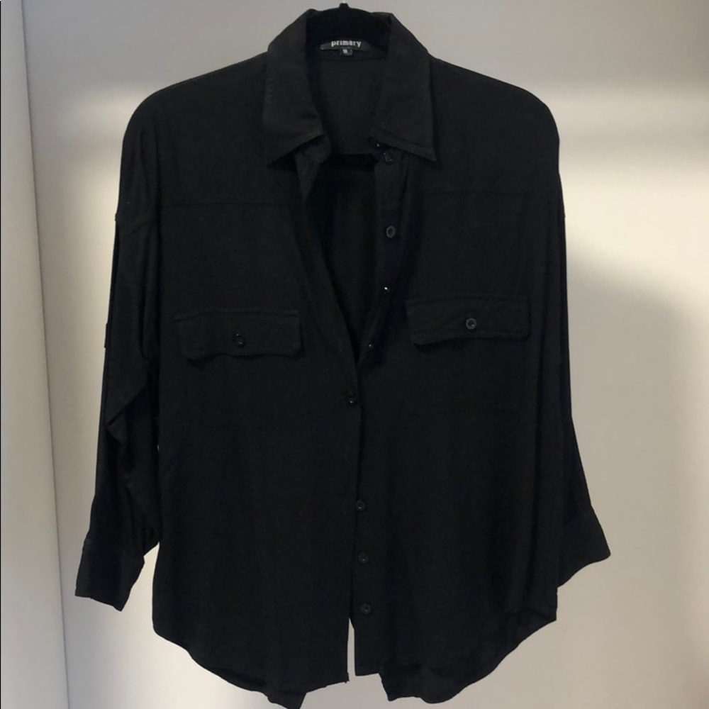 Black rayon button-down shirt with crossover back